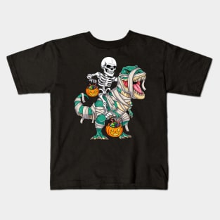 Skeleton Riding Mummy Dinosaur Funny Halloween Kids T-Shirt